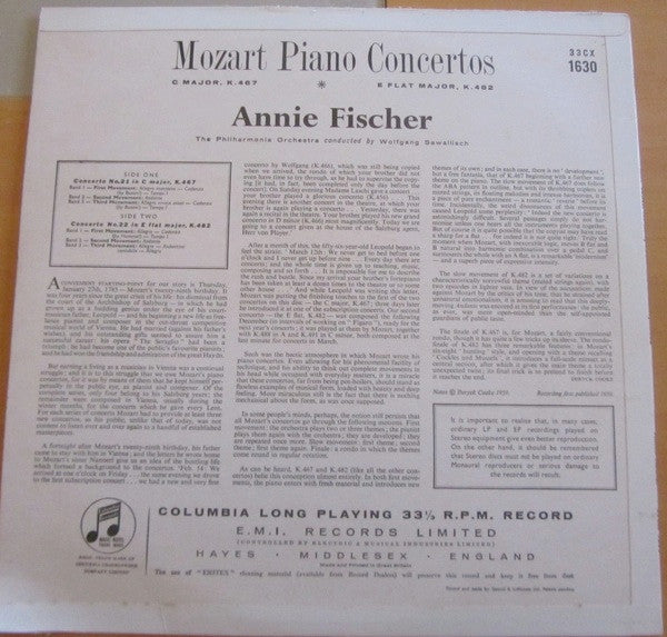 Wolfgang Amadeus Mozart -  Annie Fischer : Piano Concertos - C Major K.467; E Flat K.482 (LP, Mono)