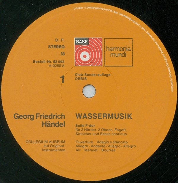 Georg Friedrich Händel, Collegium Aureum : Wassermusik / Feuerwerksmusik / Concerto F-dur (2xLP, Comp, Club, S/Edition)
