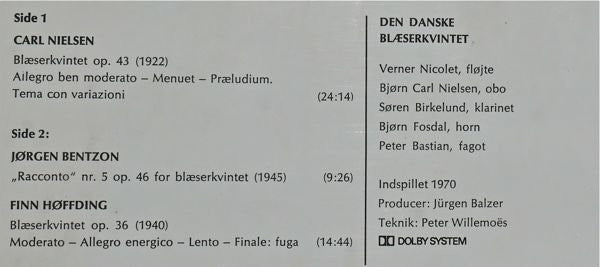 Carl Nielsen / Finn Høffding / Jørgen Bentzon, Den Danske Blæserkvintet : Dansk Kammermusik 1 (LP, Album)