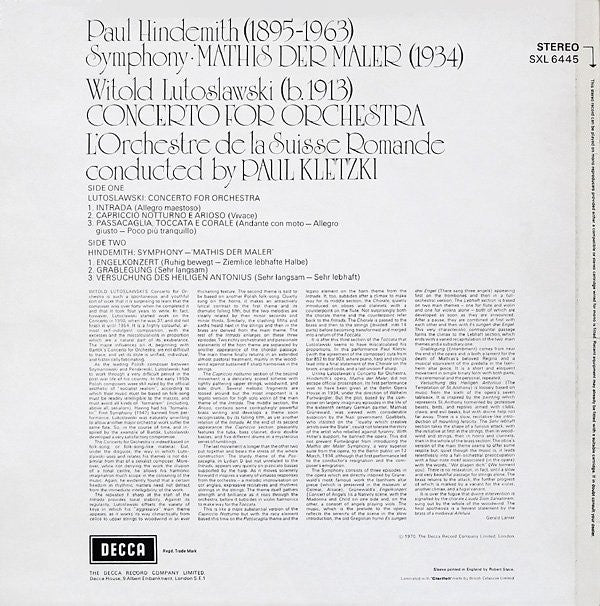 Witold Lutoslawski / Paul Hindemith, L'Orchestre De La Suisse Romande, Paul Kletzki : Concerto For Orchestra / Symphony 'Mathis Der Maler' (LP)