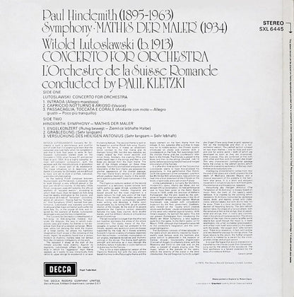 Witold Lutoslawski / Paul Hindemith, L'Orchestre De La Suisse Romande, Paul Kletzki : Concerto For Orchestra / Symphony 'Mathis Der Maler' (LP)