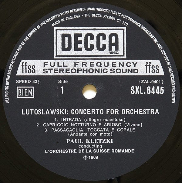 Witold Lutoslawski / Paul Hindemith, L'Orchestre De La Suisse Romande, Paul Kletzki : Concerto For Orchestra / Symphony 'Mathis Der Maler' (LP)