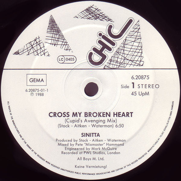 Sinitta : Cross My Broken Heart (Cupid's Avenging Mix) (12", EP)