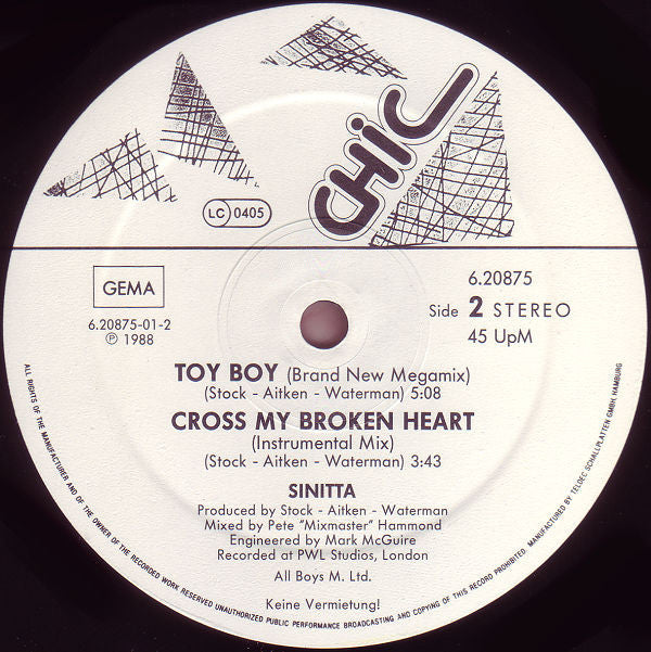 Sinitta : Cross My Broken Heart (Cupid's Avenging Mix) (12", EP)