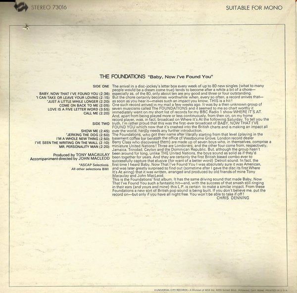The Foundations : Baby, Now That I've Found You (LP, Album)