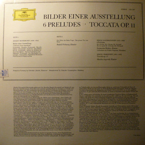 Rudolf Firkušný, Sviatoslav Richter, Martha Argerich, Modest Mussorgsky, Sergei Vasilyevich Rachmaninoff, Sergei Prokofiev : Bilder Einer Ausstellung/ 6 Preludes / Toccata Op. 11 (LP)