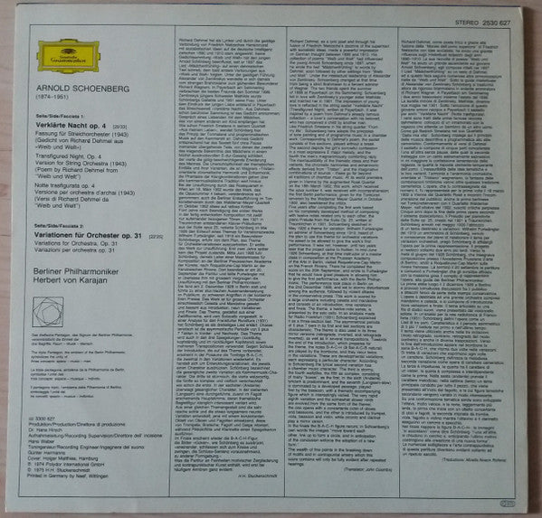 Arnold Schoenberg - Berliner Philharmoniker, Herbert von Karajan : Verklärte Nacht = Transfigured Night – Variationen Für Orchester Op 31 (LP, RE)