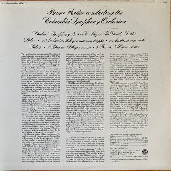 Bruno Walter, Franz Schubert, Columbia Symphony Orchestra : Symphony No. 9 In C Major "The Great" (LP, Album, RE)