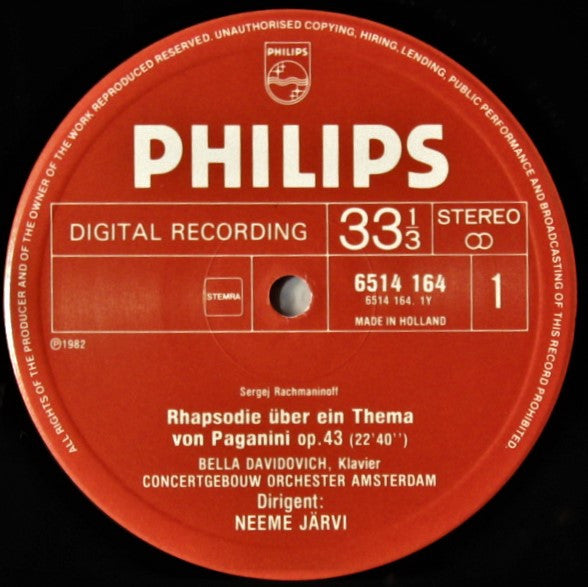 Camille Saint-Saëns / Sergei Vasilyevich Rachmaninoff - Bella Davidovich, Concertgebouworkest, Neeme Järvi : Piano Concerto No. 2 / Rhapsody On A Theme Of Paganini (LP)