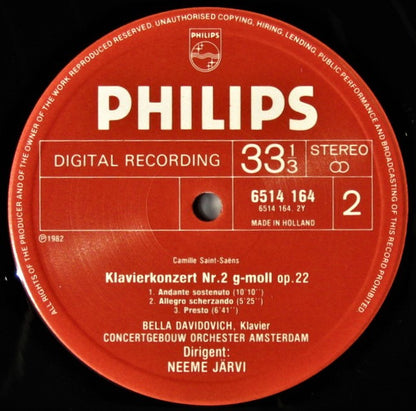 Camille Saint-Saëns / Sergei Vasilyevich Rachmaninoff - Bella Davidovich, Concertgebouworkest, Neeme Järvi : Piano Concerto No. 2 / Rhapsody On A Theme Of Paganini (LP)