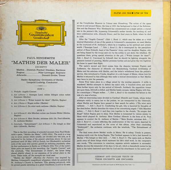 Paul Hindemith / Pilar Lorengar • Dietrich Fischer-Dieskau • Donald Grobe : "Mathis Der Maler" - Excerpts (LP, Album)