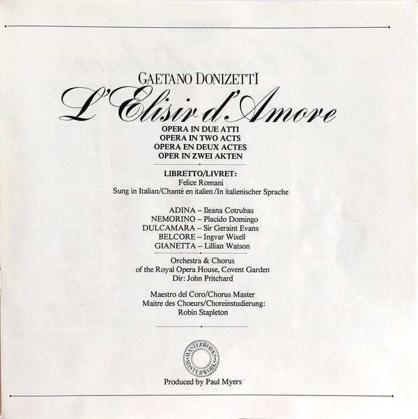 Gaetano Donizetti - Ileana Cotrubas, Placido Domingo, Geraint Evans, Ingvar Wixell, Orchestra Of The Royal Opera House, Covent Garden & Chorus Of The Royal Opera House, Covent Garden, John Pritchard : L'Elisir d'Amore (2xLP, Album + Box)