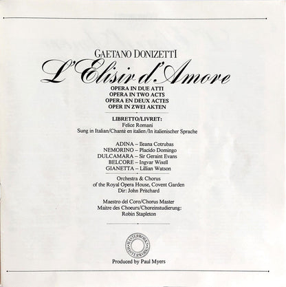 Gaetano Donizetti - Ileana Cotrubas, Placido Domingo, Geraint Evans, Ingvar Wixell, Orchestra Of The Royal Opera House, Covent Garden & Chorus Of The Royal Opera House, Covent Garden, John Pritchard : L'Elisir d'Amore (2xLP, Album + Box)