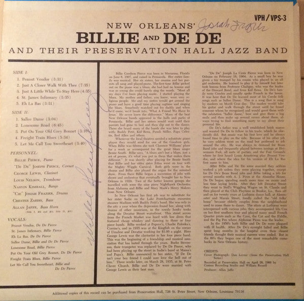 Billie & De De Pierce And Their Preservation Hall Jazz Band : New Orleans' Billie & De De And Their Preservation Hall Jazz Band (LP, Mono)