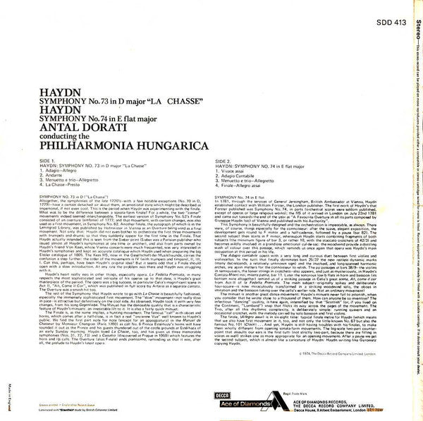 Joseph Haydn, Philharmonia Hungarica, Antal Dorati : Symphony No. 73 "La Chasse" / Symphony No. 74 (LP)