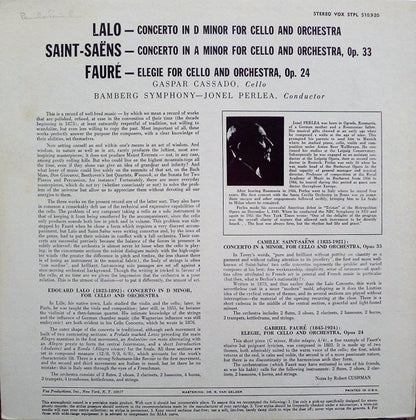 Édouard Lalo / Camille Saint-Saëns / Gabriel Fauré - Gaspar Cassadó, Bamberger Symphoniker, Jonel Perlea : Concertos For Cello / Elegie (LP)