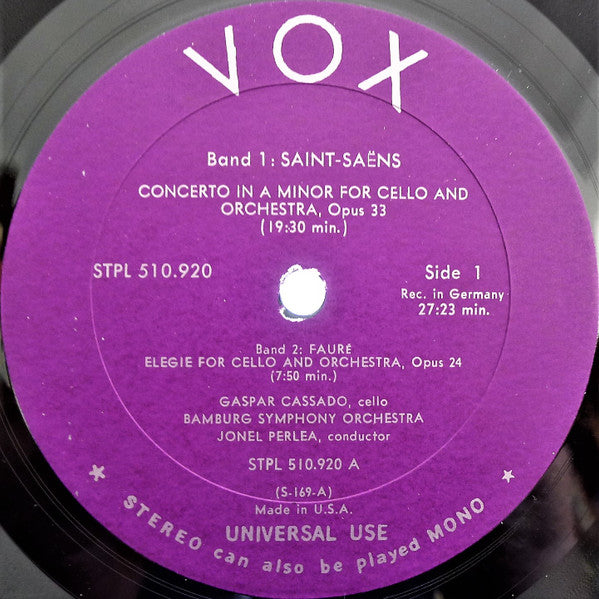Édouard Lalo / Camille Saint-Saëns / Gabriel Fauré - Gaspar Cassadó, Bamberger Symphoniker, Jonel Perlea : Concertos For Cello / Elegie (LP)