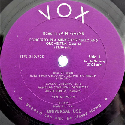 Édouard Lalo / Camille Saint-Saëns / Gabriel Fauré - Gaspar Cassadó, Bamberger Symphoniker, Jonel Perlea : Concertos For Cello / Elegie (LP)