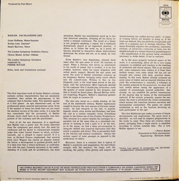 Gustav Mahler - London Symphony Orchestra, Pierre Boulez - Grace Hoffman, Evelyn Lear, Stuart Burrows - London Symphony Chorus, Arthur Oldham : Das Klagende Lied (LP)