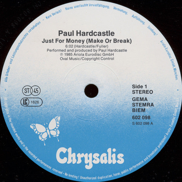 Paul Hardcastle : Just For Money (Extended Version) (12", Maxi, M/Print)