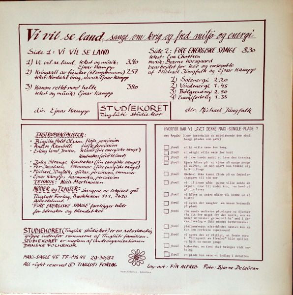 Studiekoret (Tingluti Studiekor) : Vi Vil Se Land (Sange Om Krig Og Fred, Miljø Og Energi) (12", Maxi)