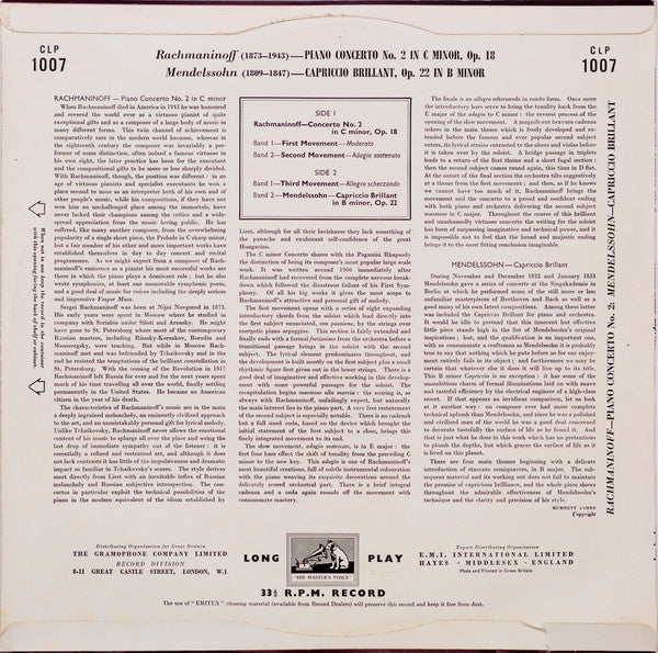 Dame Moura Lympany And Philharmonia Orchestra Conducted By Nicolai Malko Play Sergei Vasilyevich Rachmaninoff And Felix Mendelssohn-Bartholdy : Rachmaninoff Piano Concerto No. 2 Mendelssohn Capriccio Brillant (LP, Mono, RE)