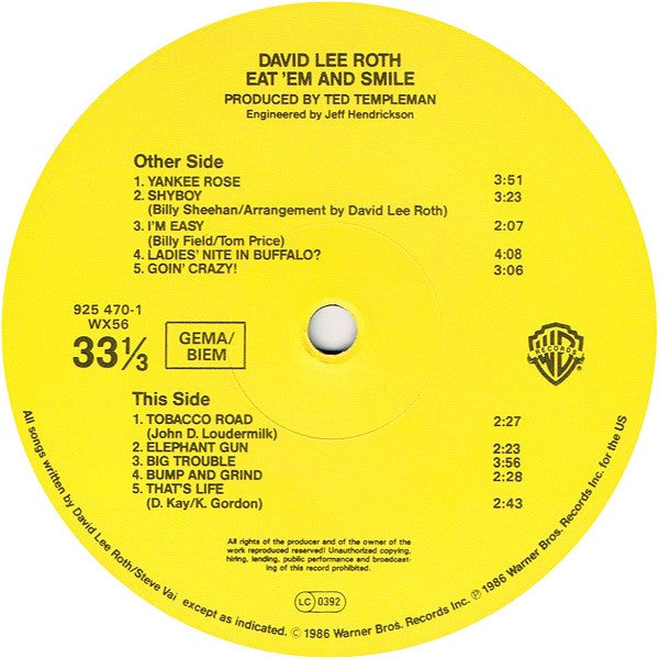 David Lee Roth : Eat 'Em And Smile (LP, Album)