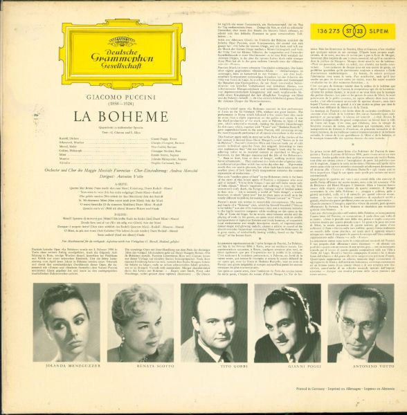 Giacomo Puccini – Renata Scotto · Jolanda Meneguzzer, Gianni Poggi · Tito Gobbi, Giorgio Giorgetti · Giuseppe Modesti, Antonino Votto : La Bohème (LP)