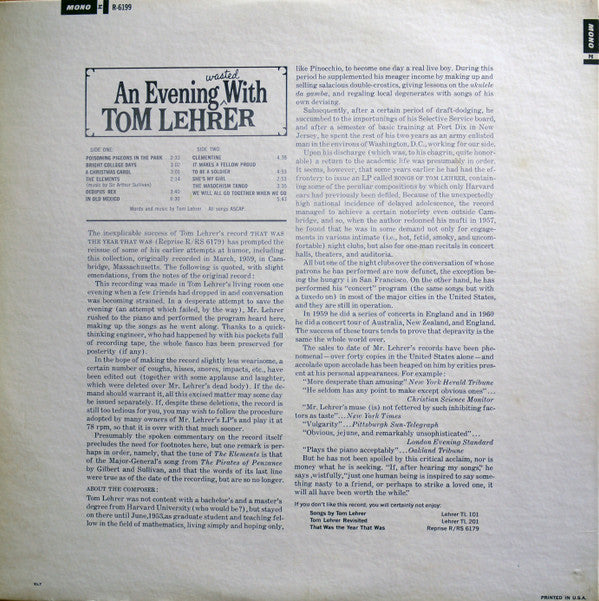 Tom Lehrer : An Evening Wasted With Tom Lehrer (LP, Album, Mono, RE)