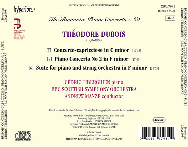 Théodore Dubois, Cédric Tiberghien, BBC Scottish Symphony Orchestra, Andrew Manze : Concerto-Capriccioso / Concerto No 2 / Suite For Piano & String Orchestra (CD)