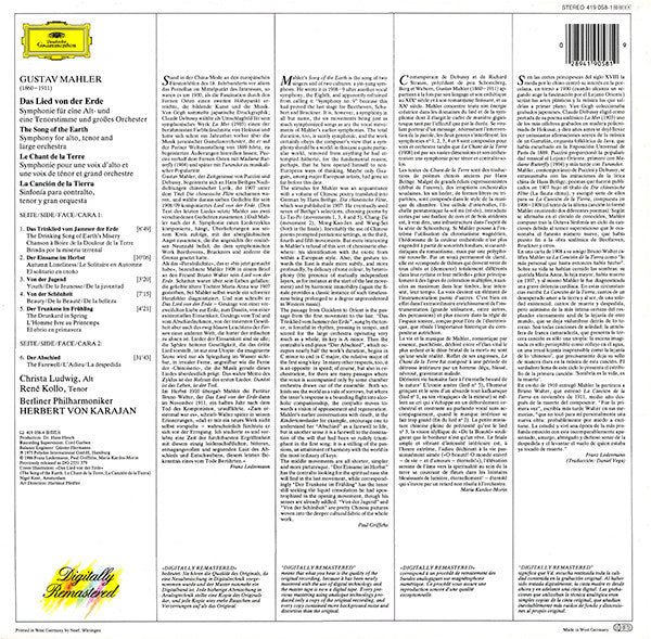 Gustav Mahler – Christa Ludwig, René Kollo, Berliner Philharmoniker, Herbert von Karajan : Das Lied Von Der Erde (LP, RE, RM)