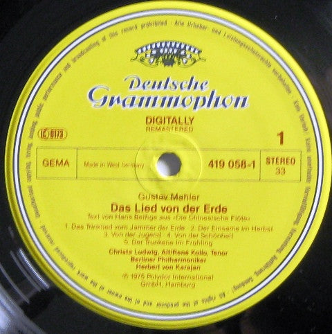 Gustav Mahler – Christa Ludwig, René Kollo, Berliner Philharmoniker, Herbert von Karajan : Das Lied Von Der Erde (LP, RE, RM)