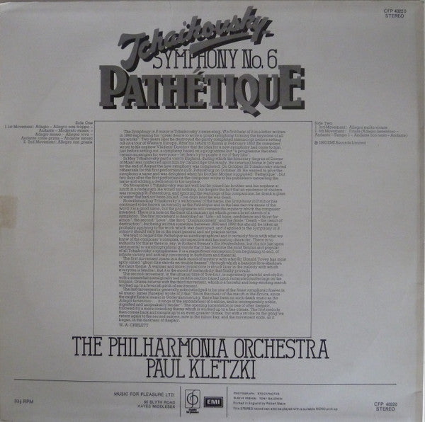 Pyotr Ilyich Tchaikovsky, Philharmonia Orchestra, Paul Kletzki : Symphony No. 6 Pathétique (LP, RE)