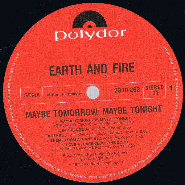 Earth And Fire : Maybe Tomorrow, Maybe Tonight (LP, Album)