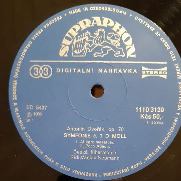 Antonín Dvořák, The Czech Philharmonic Orchestra, Václav Neumann : Symphony No. 7 In D Minor Op.70 (LP, Album, Dig)