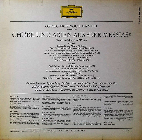Georg Friedrich Händel • Gundula Janowitz ∙ Marga Höffgen ∙ Ernst Haefliger ∙ Franz Crass, Münchener Bach-Chor ∙ Münchener Bach-Orchester ∙ Dirigent: Karl Richter : Der Messias (Chöre Und Arien) (LP, Album)