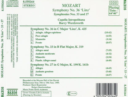 Wolfgang Amadeus Mozart, Capella Istropolitana, Barry Wordsworth : Symphony No. 36 'Linz' / Symphonies Nos. 33 And 27 (CD)