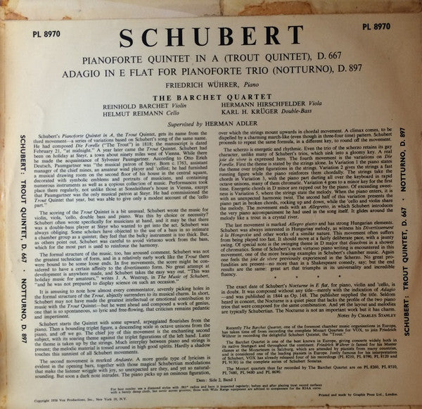 Franz Schubert, Friedrich Wührer , Piano -  Barchet-Quartett : Quintet In A Major, Op. 114 "Trout" / Nocturne In E Flat Major, Op. 148 (LP, Mono)