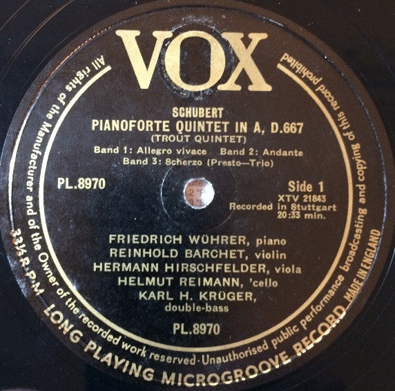 Franz Schubert, Friedrich Wührer , Piano -  Barchet-Quartett : Quintet In A Major, Op. 114 "Trout" / Nocturne In E Flat Major, Op. 148 (LP, Mono)