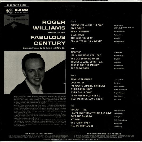 Roger Williams (2) : Songs Of The Fabulous Century (2xLP, Album, Mono, Gat)