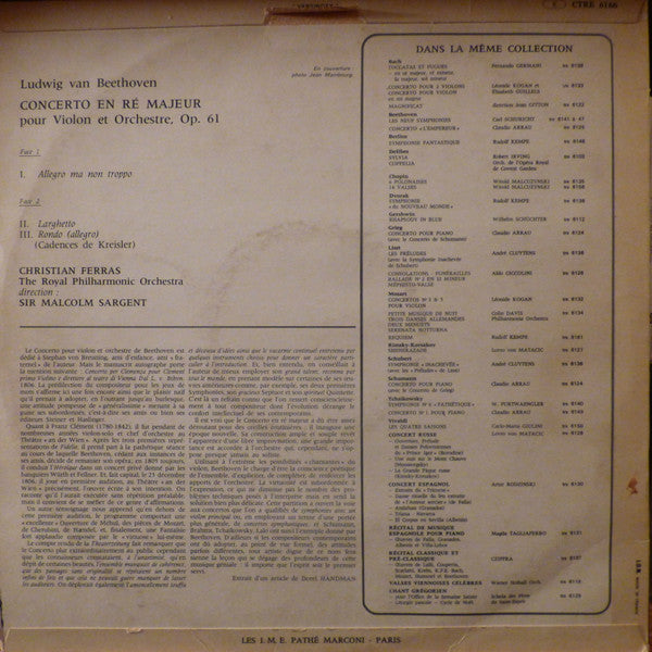Ludwig van Beethoven, Christian Ferras, Royal Philharmonic Orchestra, Sir Malcolm Sargent : Concerto Pour Violon  (LP, RE)