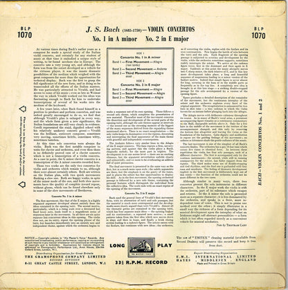 Johann Sebastian Bach, Jascha Heifetz And The Los Angeles Philharmonic Orchestra Conducted By Alfred Wallenstein : Violin Concertos No.1 In A Minor, No.2 In E Major (10", Mono, RP)