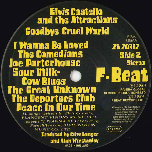 Elvis Costello & The Attractions : Goodbye Cruel World (LP, Album)