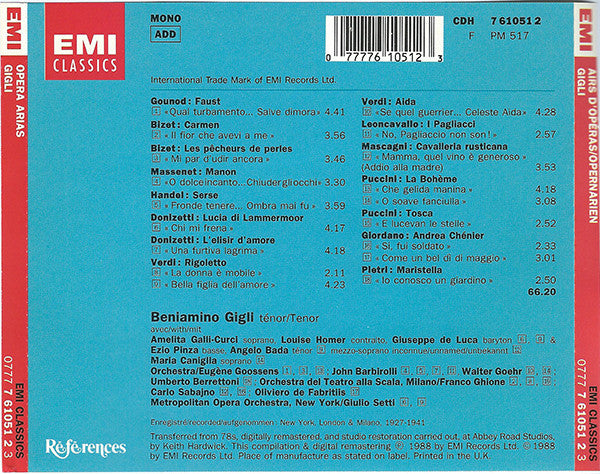Beniamino Gigli : Airs D'Opéras / Opera Arias / Opernarien (CD, Comp, Mono, RM)