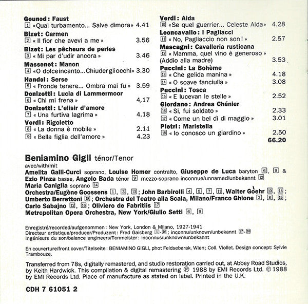 Beniamino Gigli : Airs D'Opéras / Opera Arias / Opernarien (CD, Comp, Mono, RM)