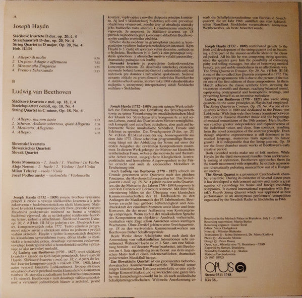Joseph Haydn / Ludwig van Beethoven - The Slovak Quartet : String Quartet In D Major, Op. 20, No. 4 / String Quartet In C Minor, Op. 18, No. 4 (LP, Album)