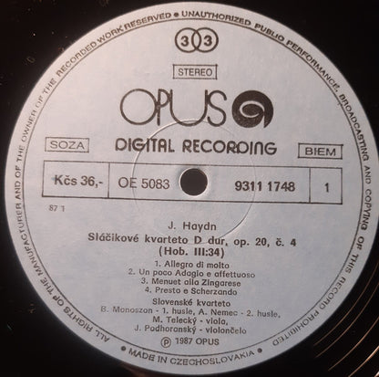 Joseph Haydn / Ludwig van Beethoven - The Slovak Quartet : String Quartet In D Major, Op. 20, No. 4 / String Quartet In C Minor, Op. 18, No. 4 (LP, Album)