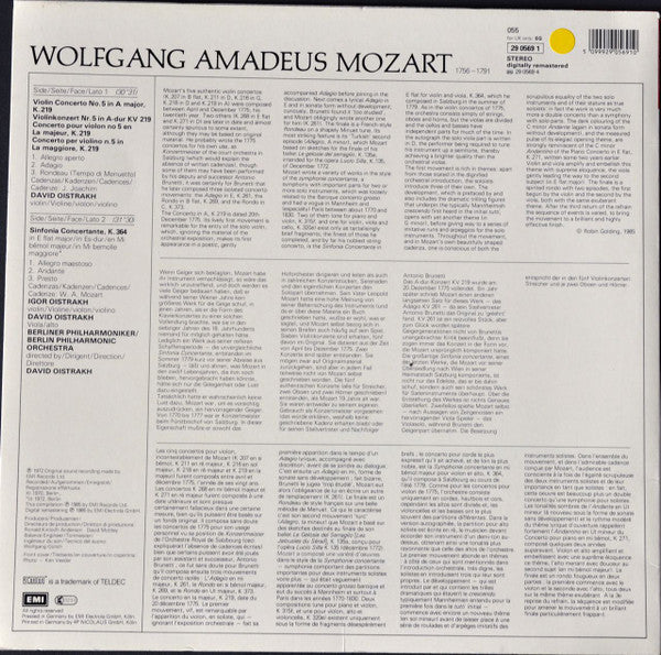 Wolfgang Amadeus Mozart, David Oistrach : Violin Concerto No 5 / Sinfonia Concertante K364 (LP, Album, RM)