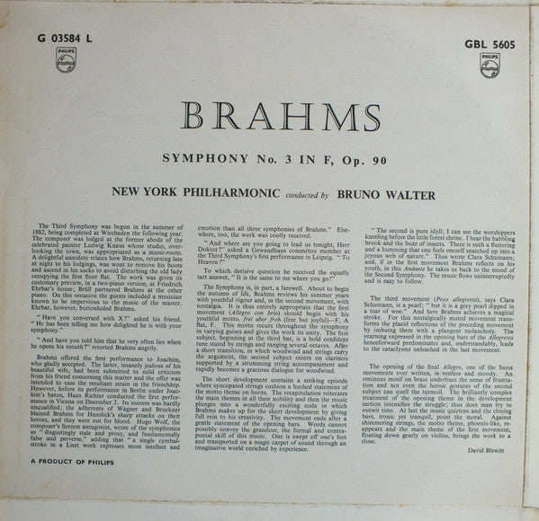 Johannes Brahms / New York Philharmonic / Bruno Walter : Symphony No. 3 In F, Op. 90 (LP, Album, Mono)