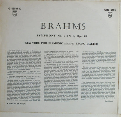 Johannes Brahms / New York Philharmonic / Bruno Walter : Symphony No. 3 In F, Op. 90 (LP, Album, Mono)